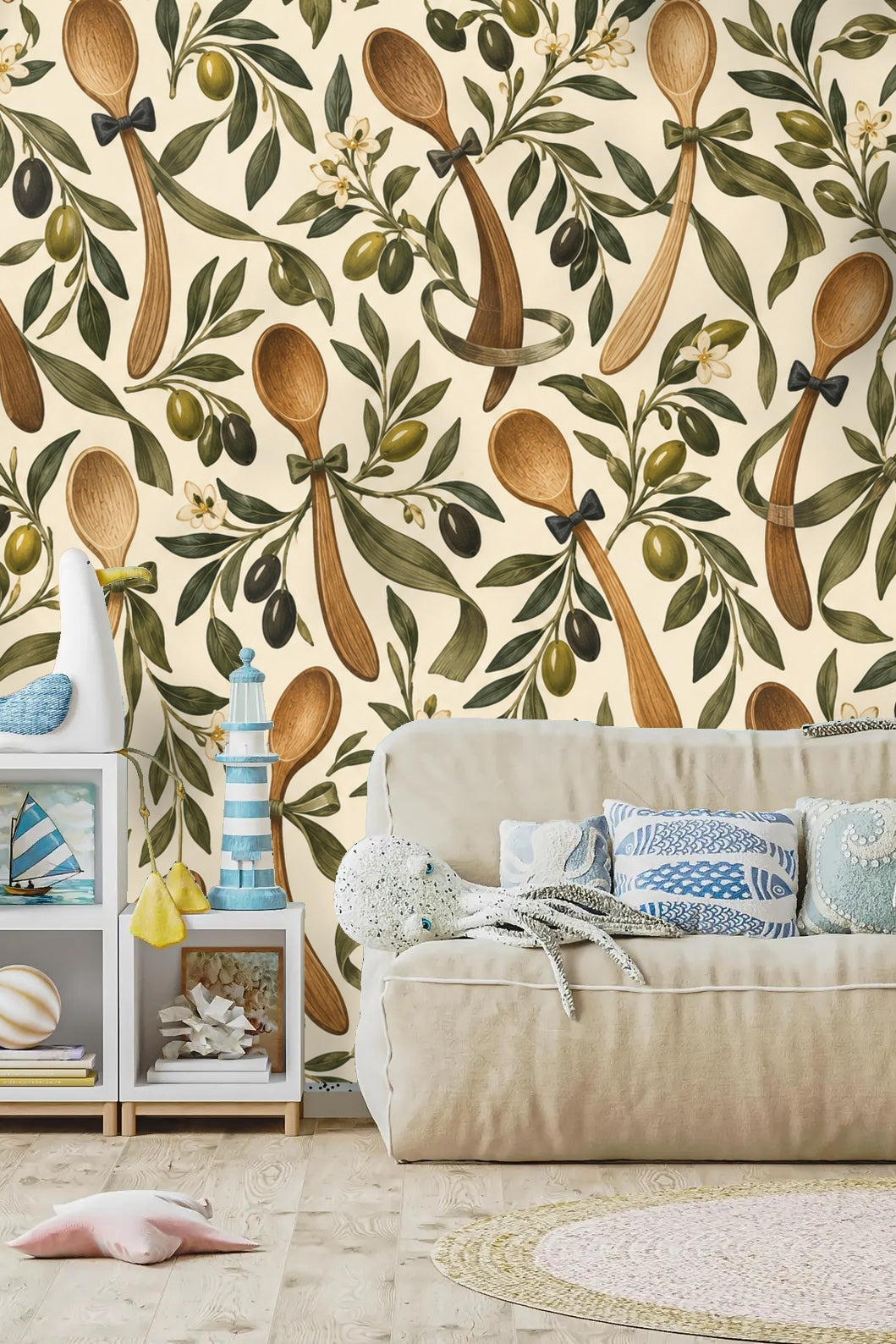 Dancing Olive Spoons wallpaper shown in an interior setting