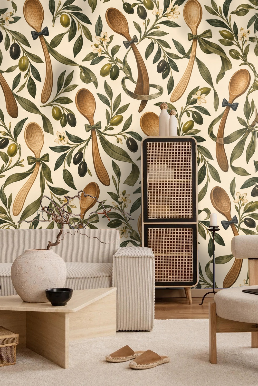 Dancing Olive Spoons wallpaper shown in an interior setting