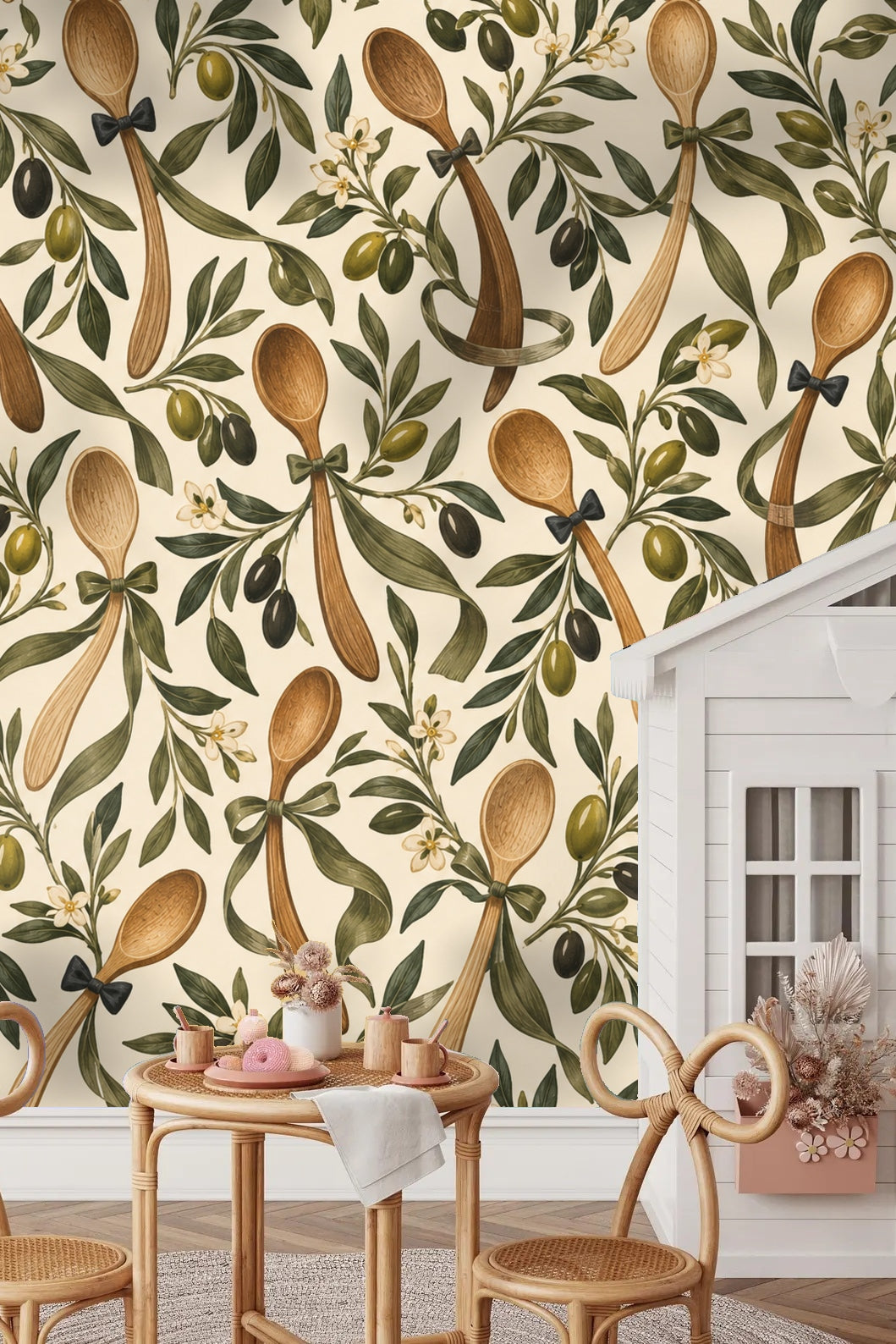 Wallpaper pattern detail showing wooden spoons with black bow ties among olive branches with black and green olives on cream background.