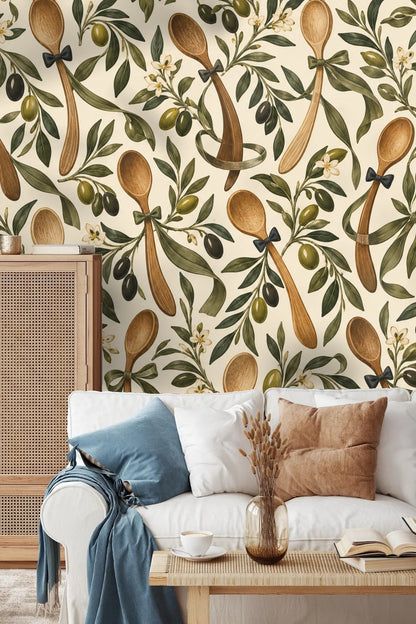 Dancing Olive Spoons wallpaper shown in an interior setting