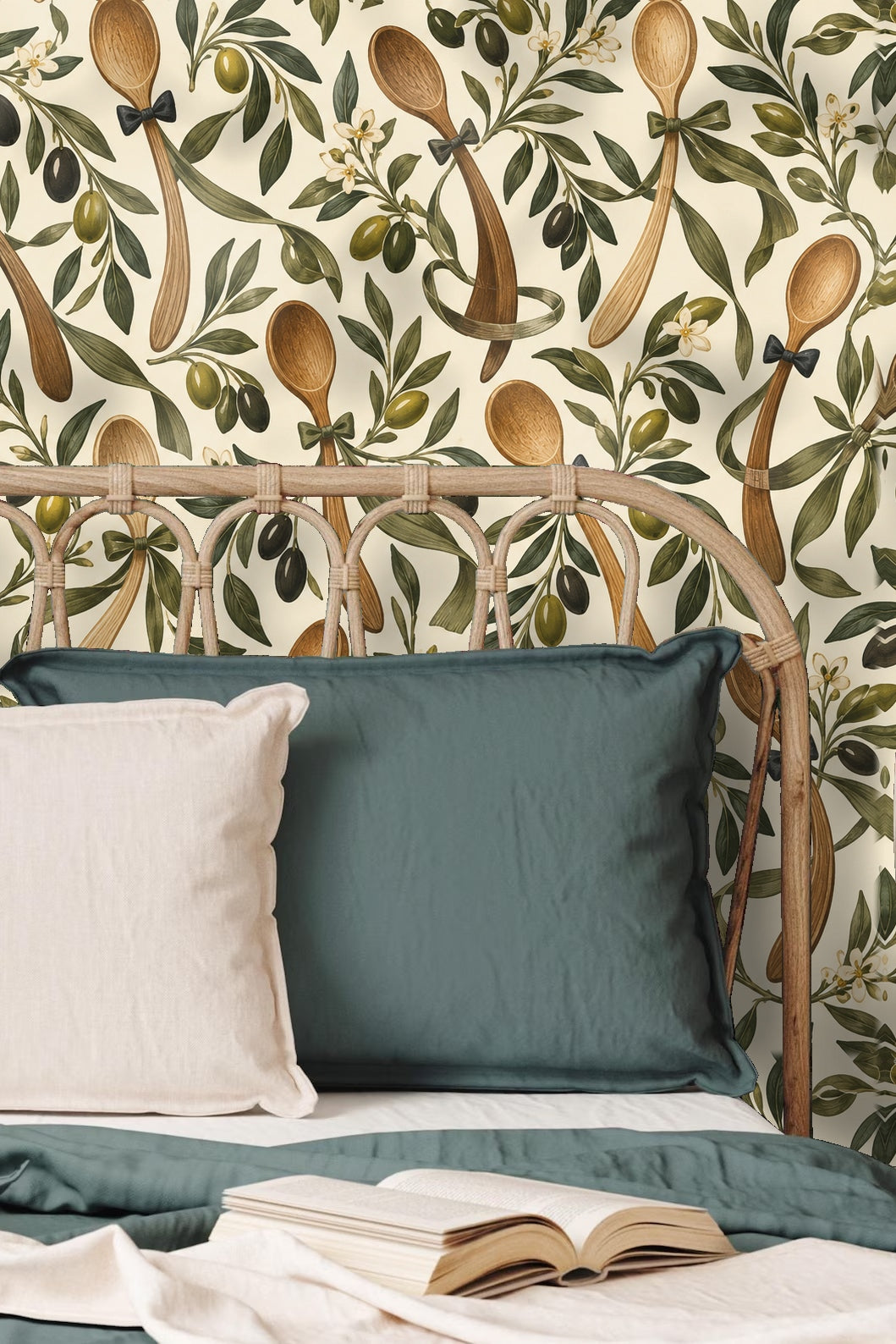 Dancing Olive Spoons wallpaper shown in an interior setting