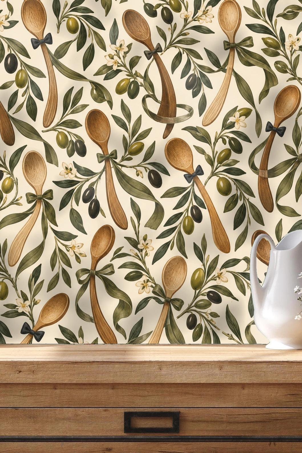 Dancing Olive Spoons wallpaper shown in an interior setting