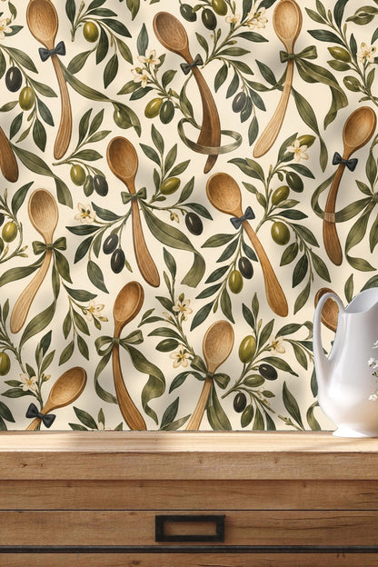 Dancing Olive Spoons wallpaper shown in an interior setting