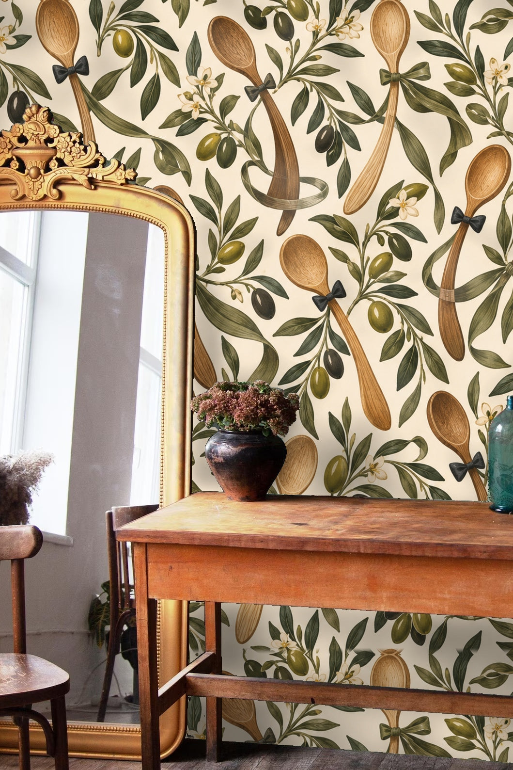 Dancing Olive Spoons wallpaper shown in an interior setting