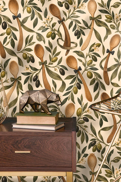 Dancing Olive Spoons wallpaper shown in an interior setting