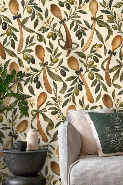 Dancing Olive Spoons wallpaper shown in an interior setting