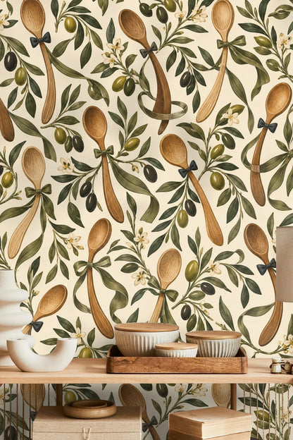 Dancing Olive Spoons wallpaper shown in an interior setting