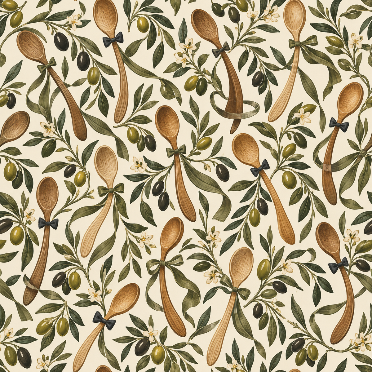 Dancing Olive Spoons wallpaper shown in an interior setting