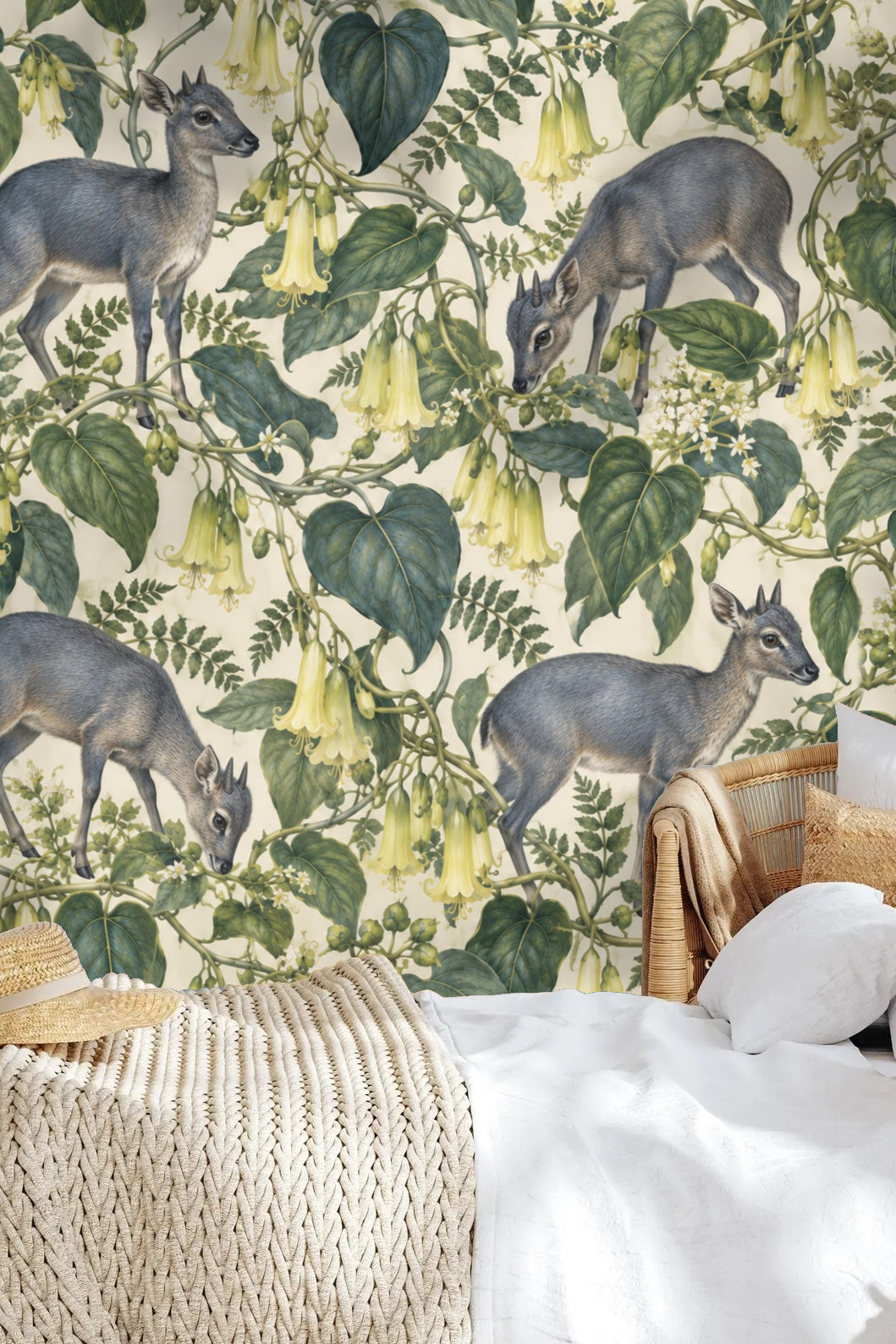 Children's playroom wall wallpaper with duikers and yellow bellvine in naturalist style