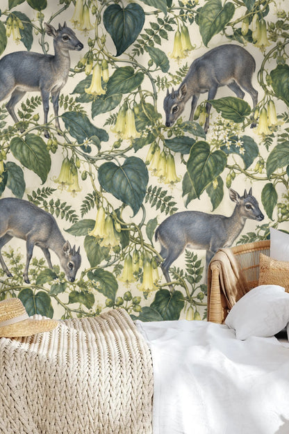 Children's playroom wall wallpaper with duikers and yellow bellvine in naturalist style