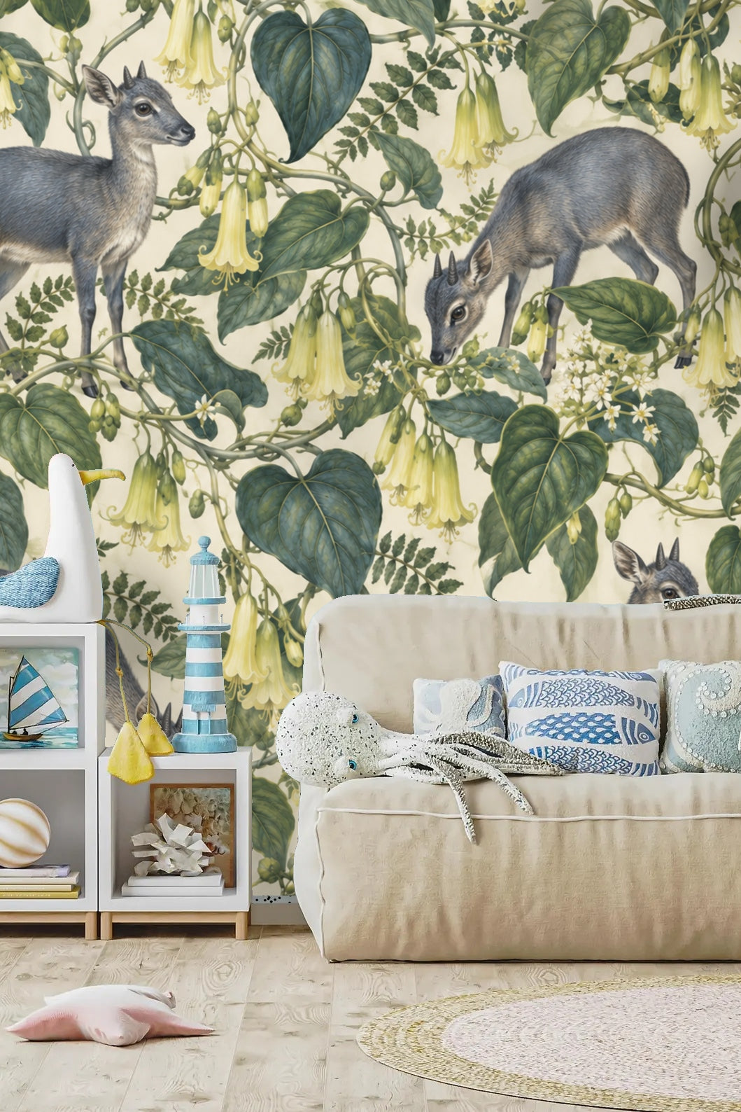 Wallpaper repeat showing multiple duikers and intertwining vines