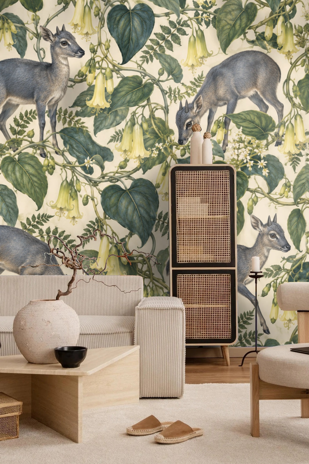 Pattern showing realistic duikers and yellow bellvine flowers on cream background