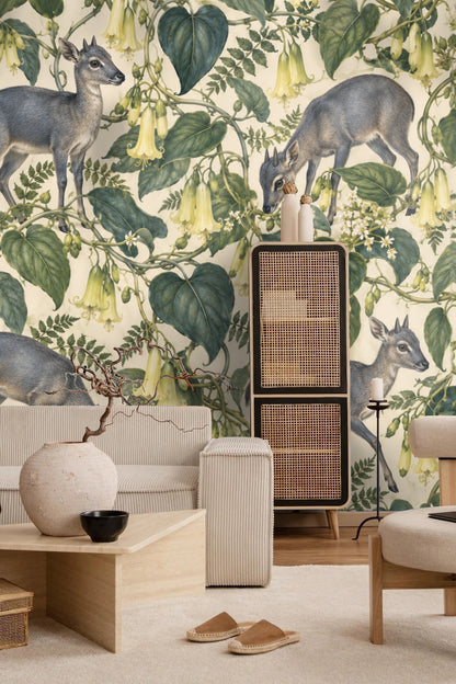 Pattern showing realistic duikers and yellow bellvine flowers on cream background