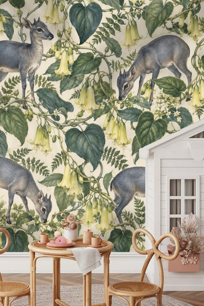 Living room with wallpaper featuring grey duiker and bellvine floral motif