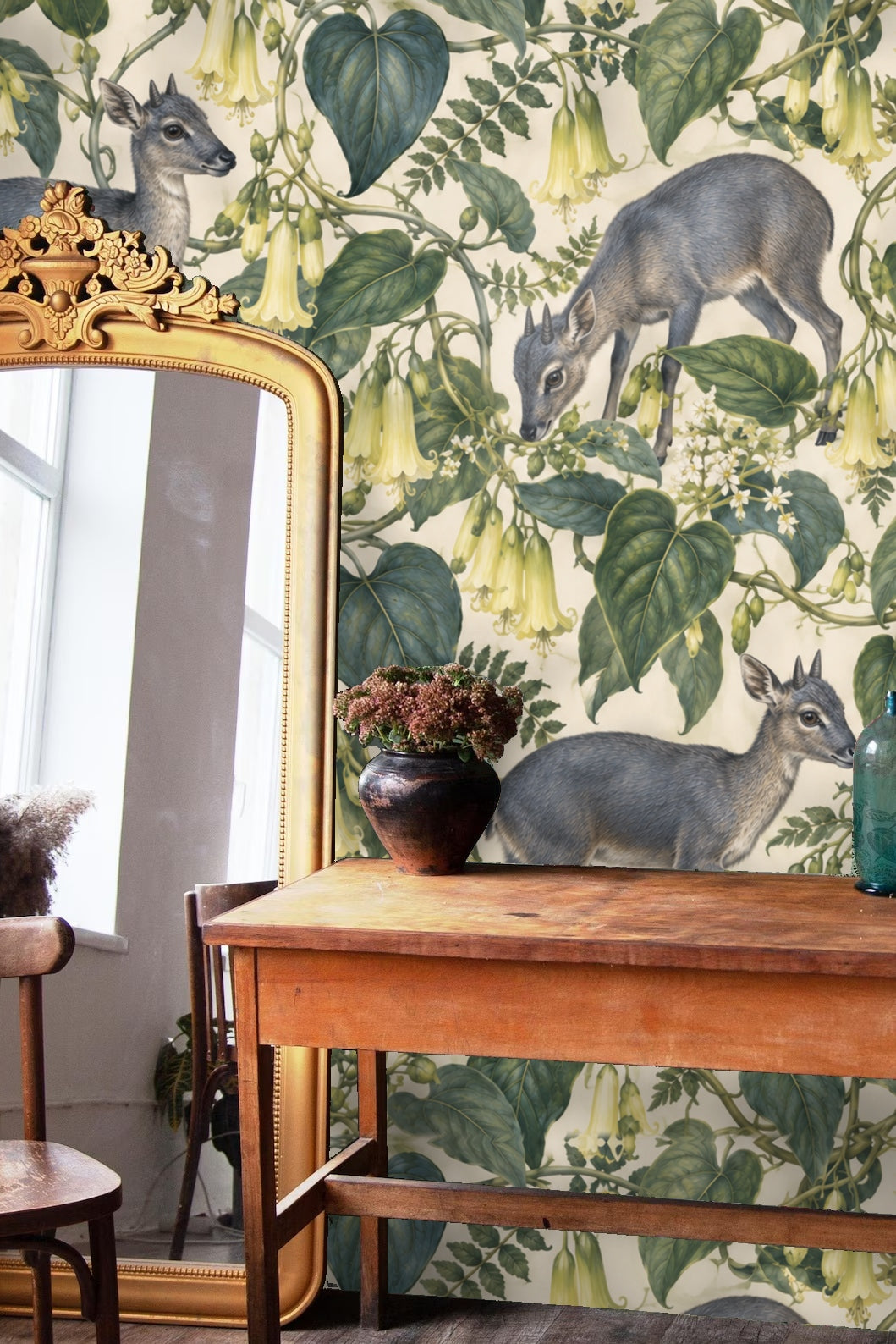 Hand-painted botanical wallpaper with detailed leaf veins and flowers