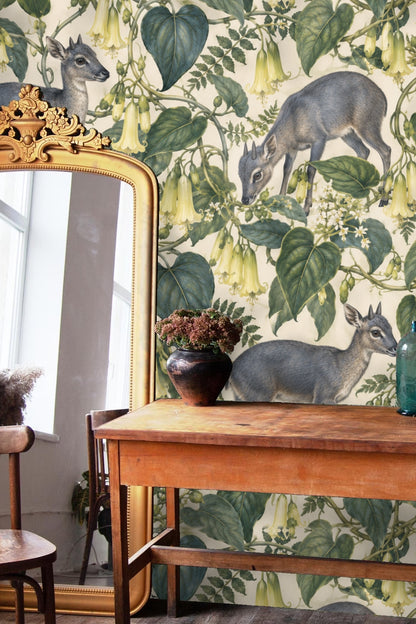 Hand-painted botanical wallpaper with detailed leaf veins and flowers