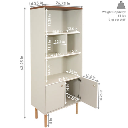 Mid-Century Modern 5-Shelf Bookshelf with Storage Cabinet