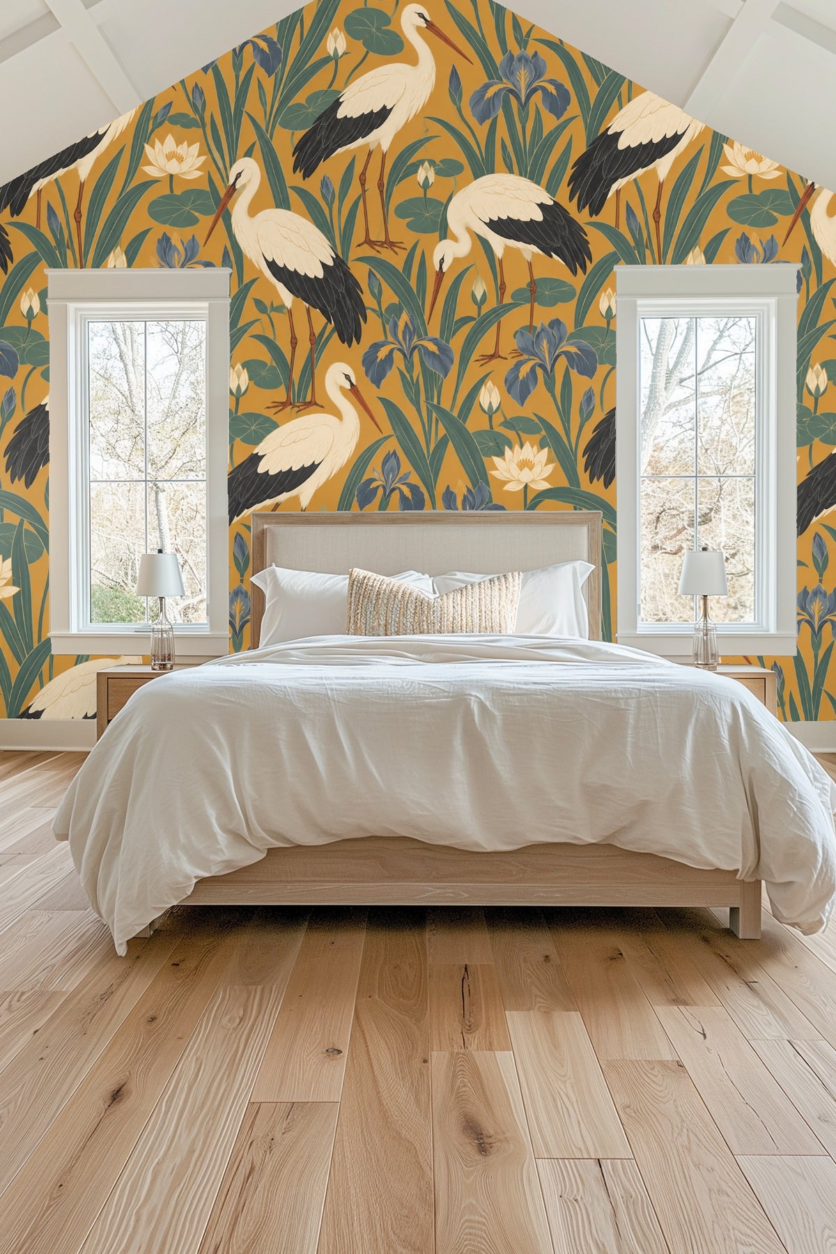 Close-up of cream candle and white flowers with saffron stork wallpaper behind