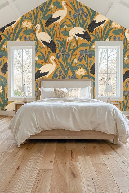 Close-up of cream candle and white flowers with saffron stork wallpaper behind