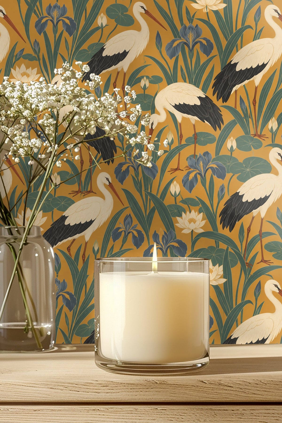 Wallpaper detail of cream storks with black wings on saffron background
