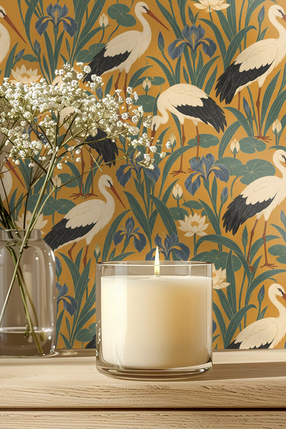Wallpaper detail of cream storks with black wings on saffron background
