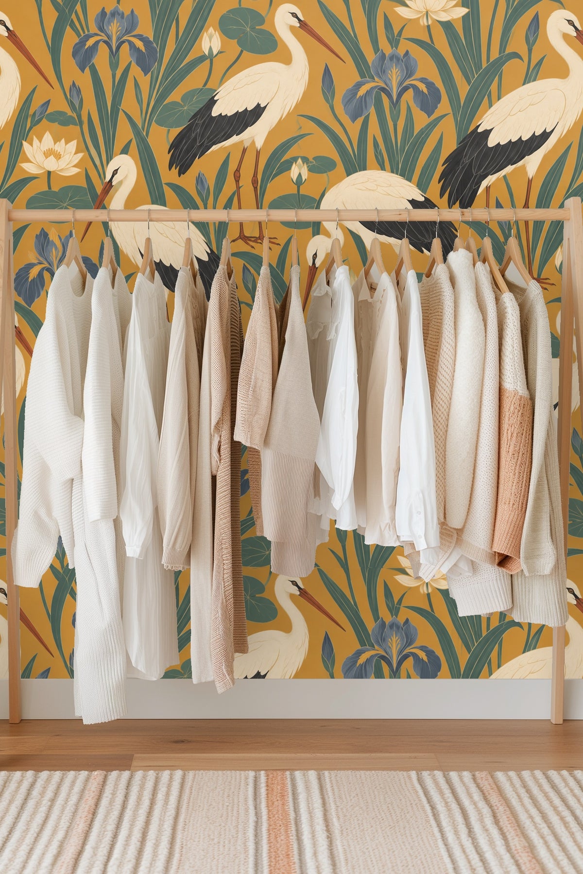 Wall mural with repeating storks and lush botanical elements in warm tones