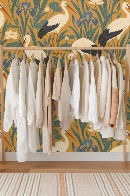 Wall mural with repeating storks and lush botanical elements in warm tones