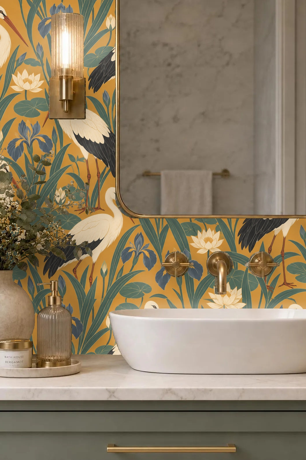 Pattern detail emphasizing stork and blue lily motifs against golden background