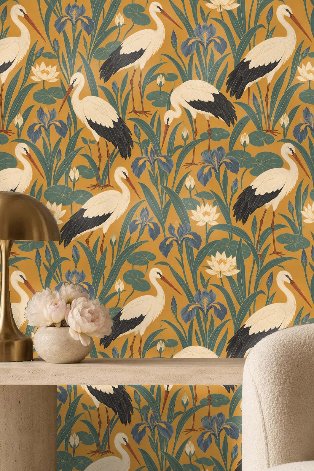 Interior room view showing saffron wallpaper with nature-inspired stork motif