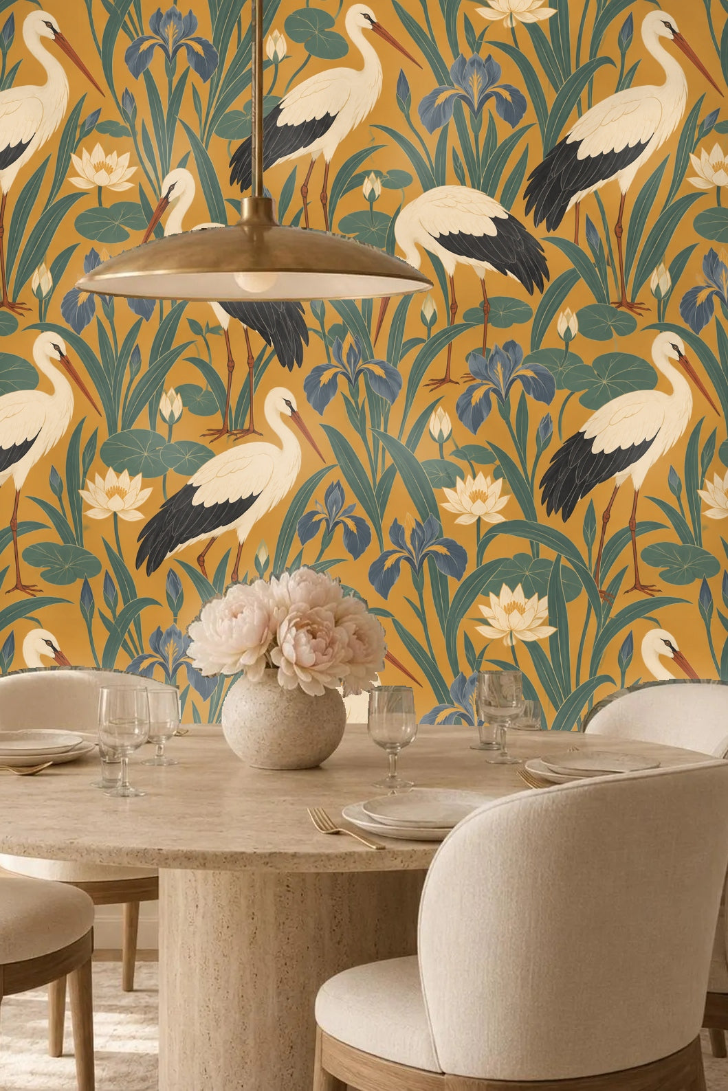 Wallpaper showing standing storks surrounded by lilies and irises in saffron background