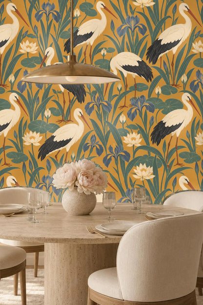 Wallpaper showing standing storks surrounded by lilies and irises in saffron background