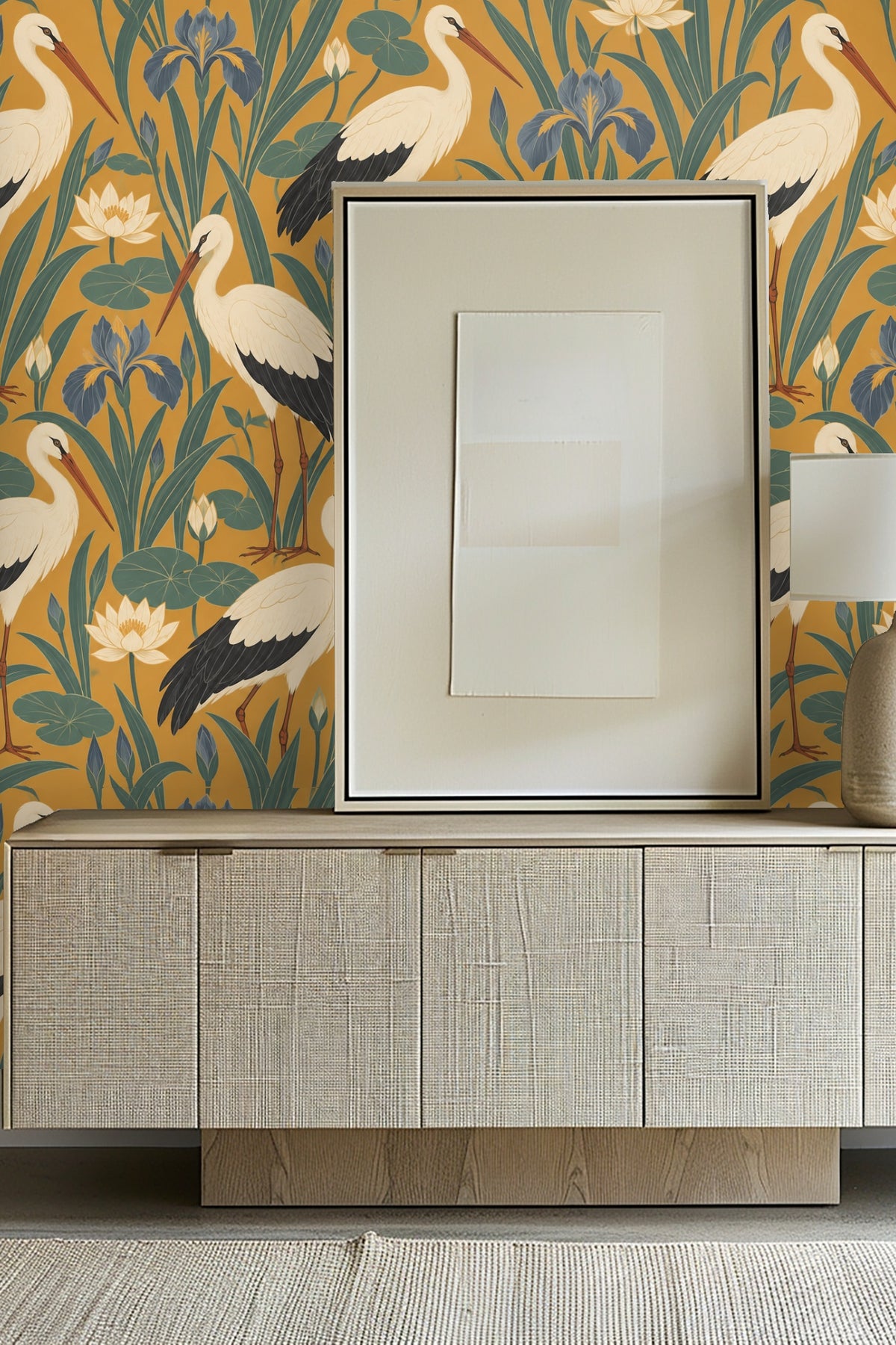 Bedroom with accent wall featuring saffron wallpaper with stork and botanical motifs