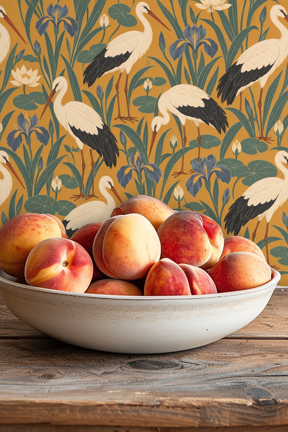 Close-up detail of watercolor style stork feathers in wallpaper design