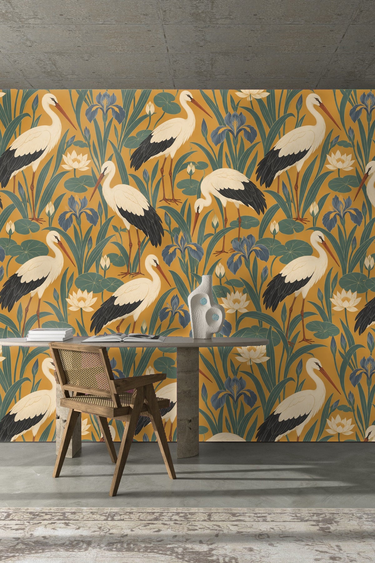 Artistic wallpaper sample showing stork legs and plant leaves