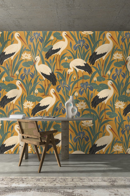 Artistic wallpaper sample showing stork legs and plant leaves