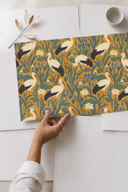 Invitation card graphic with saffron stork themed wallpaper background