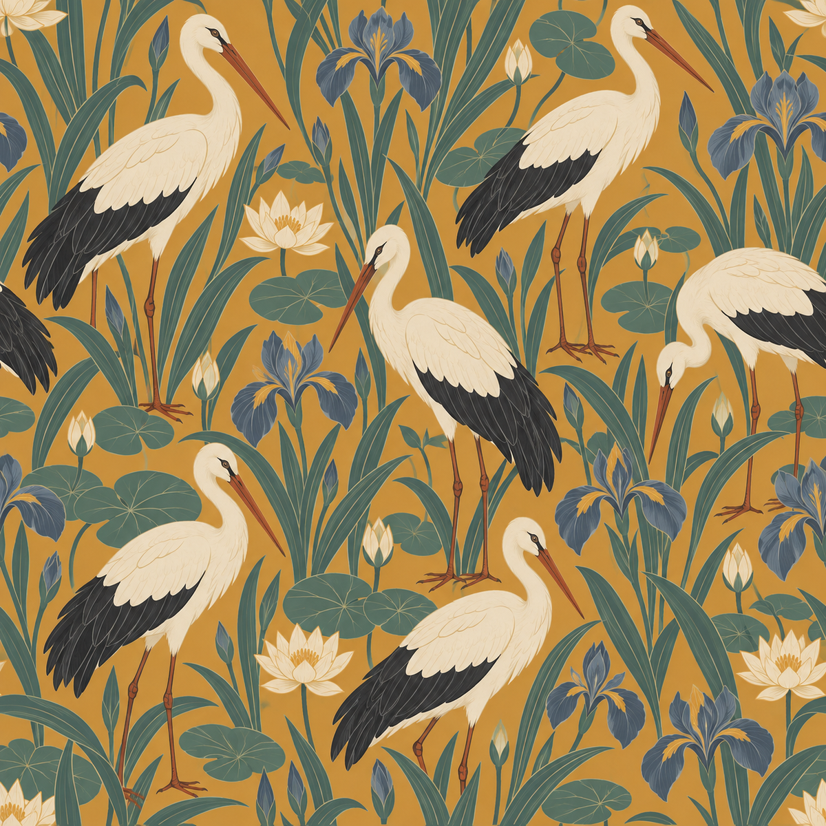 Printed wallpaper roll featuring repeating stork and floral pattern