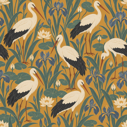 Printed wallpaper roll featuring repeating stork and floral pattern