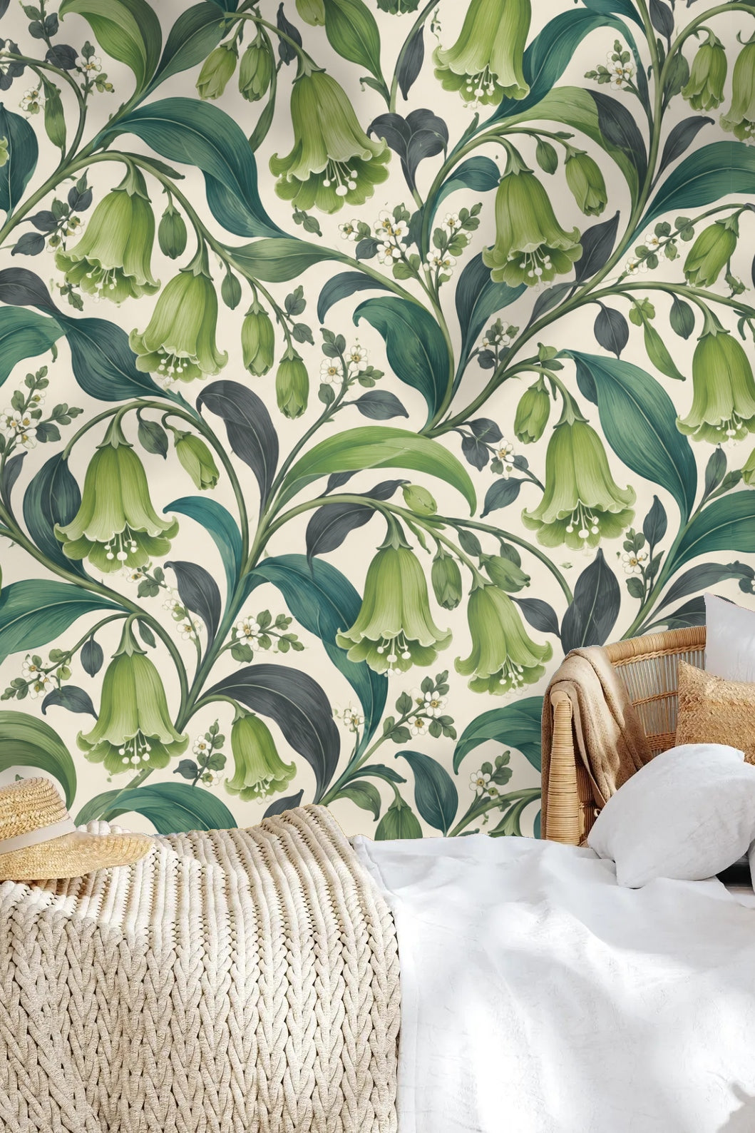 Children's playroom wall covered in floral wallpaper with green bell flowers and playful wooden furniture