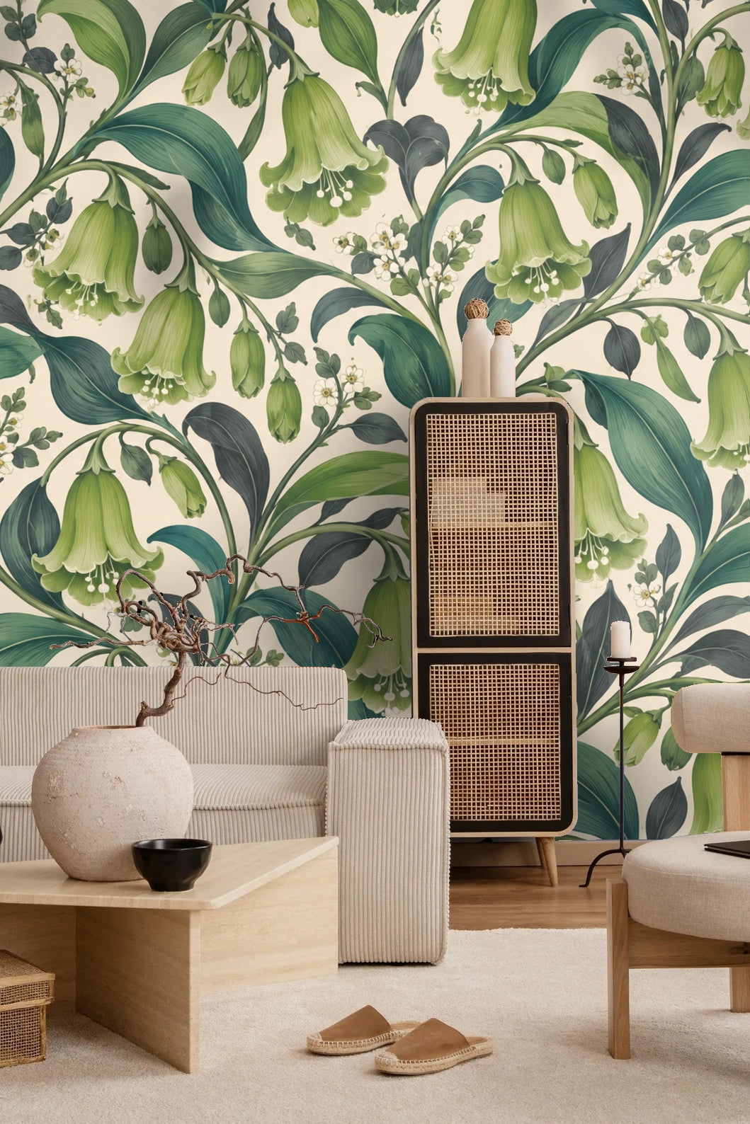 Close-up of wallpaper pattern with contrast of dark and light green leaves