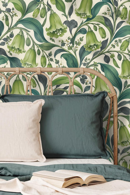 Botanical wallpaper installed in dining play area with rattan chairs