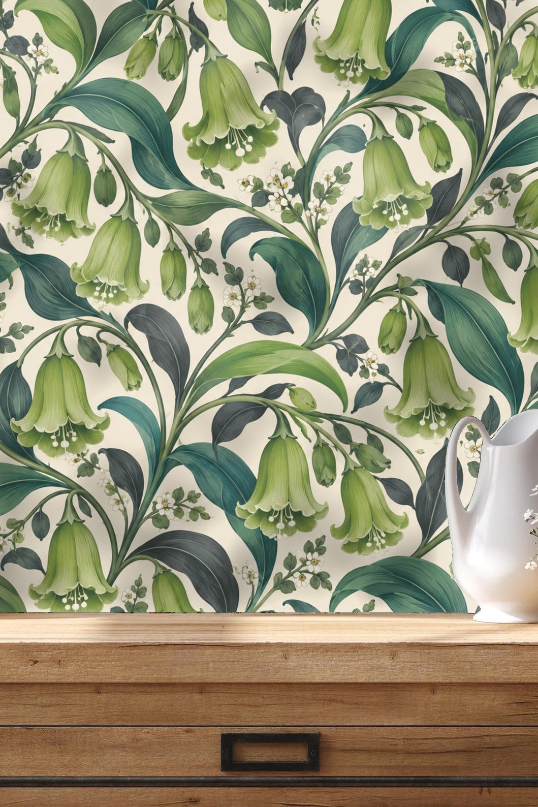 Close-up of green bell-shaped flowers and lush leaves in wallpaper repeat