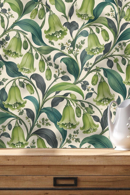 Close-up of green bell-shaped flowers and lush leaves in wallpaper repeat