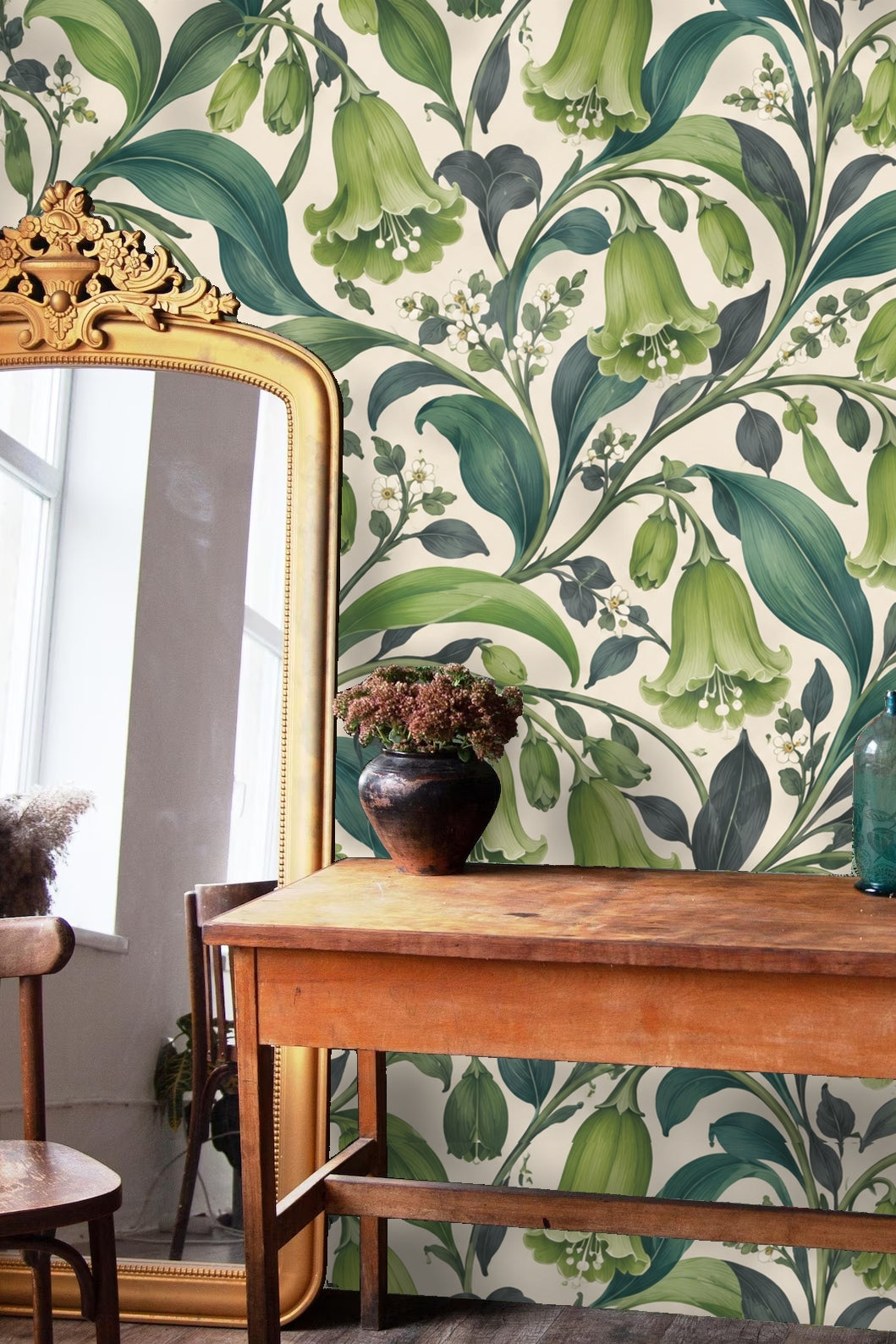 Wallpaper with green bell flowers paired with dark gray sofa and side table