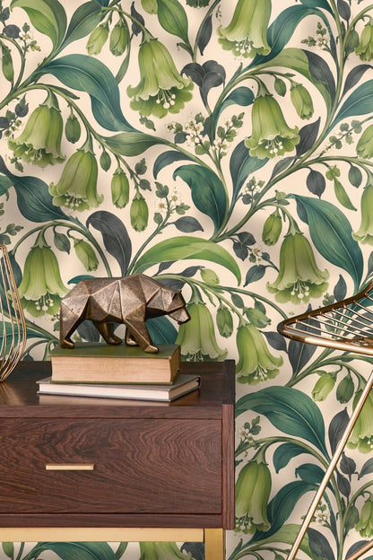 Wallpaper pattern featuring botanical bell flowers and flowing leaves in greens