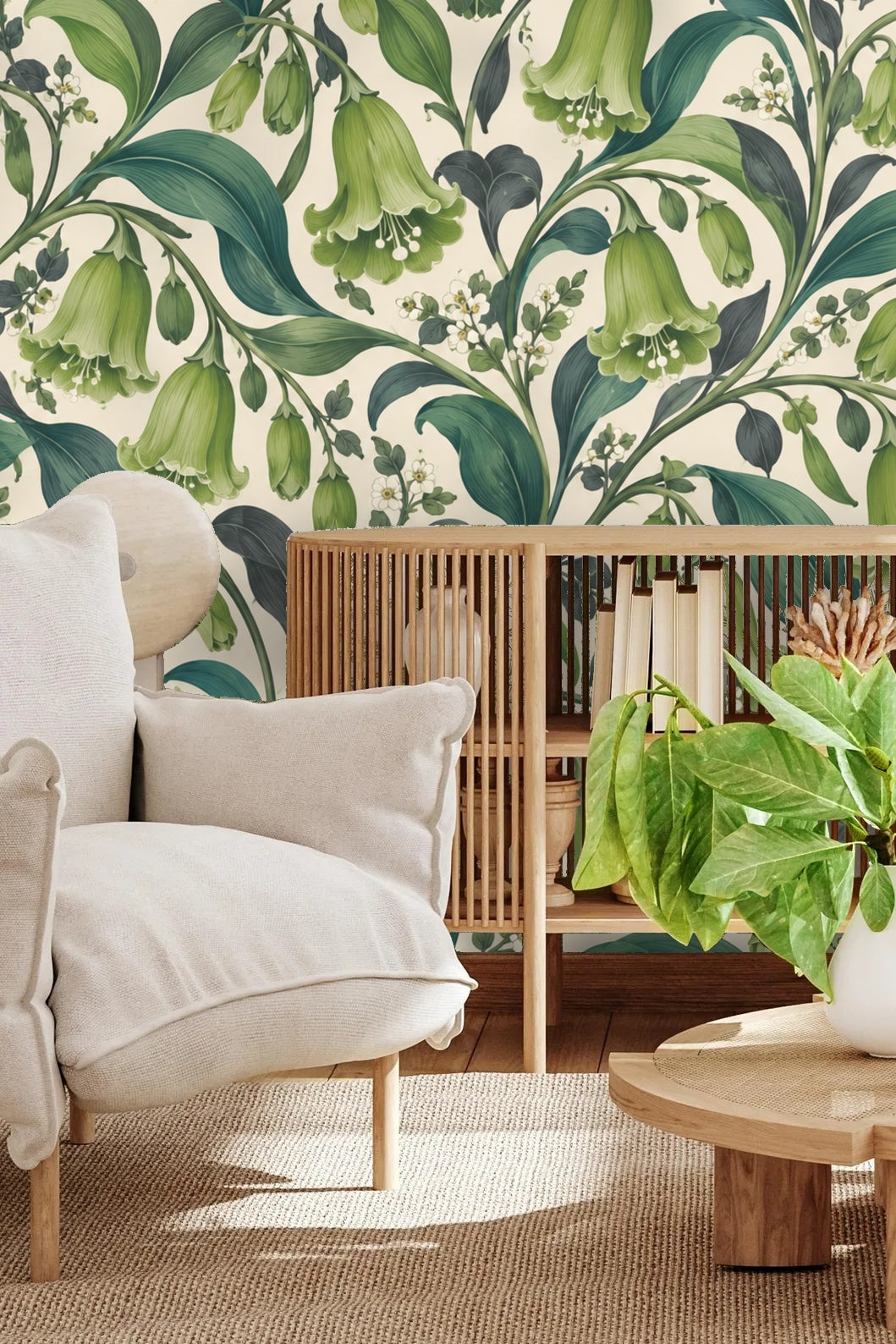Full repeat of wallpaper pattern with bell flowers and buds in various growth stages