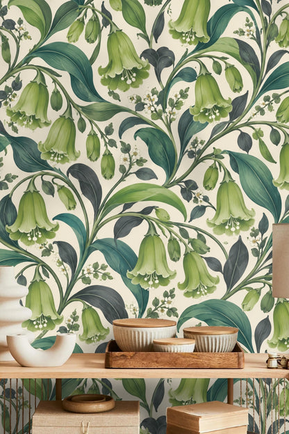 Side angle of wallpaper on wall behind sofa showing scale of floral pattern