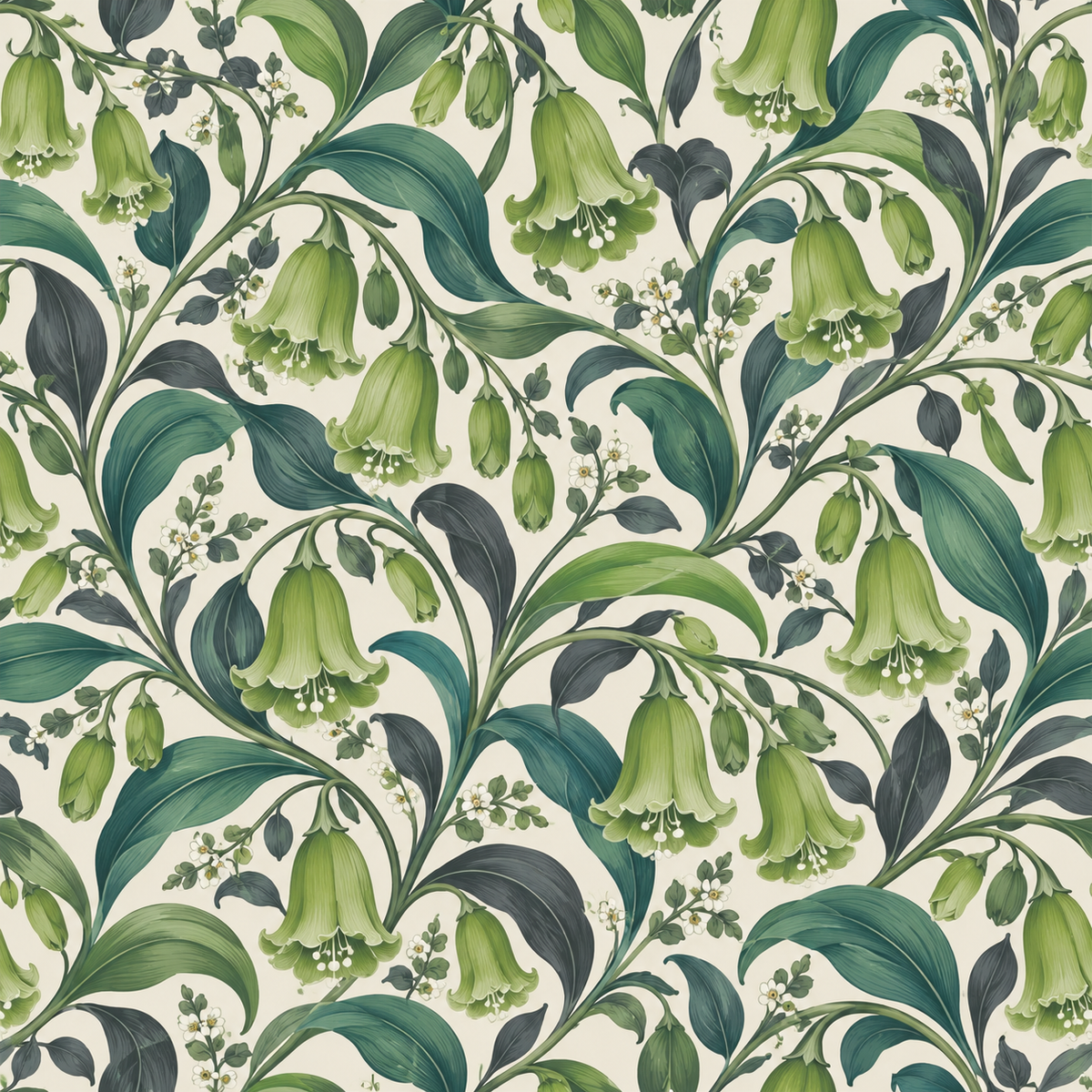 Wallpaper motif of bell-shaped flowers and small white blossoms on cream