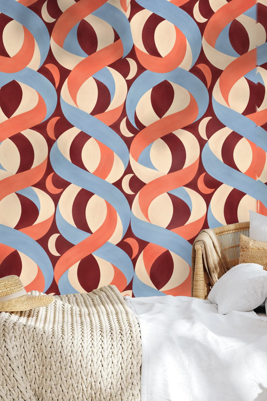 Botanical reading corner with Möbius Rhythm wallpaper showcasing intertwined coral and blue ribbons