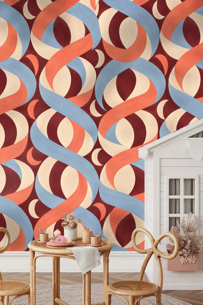 Original Möbius Rhythm wallpaper artwork showing coral, blue, burgundy, and off-white twisting ribbons